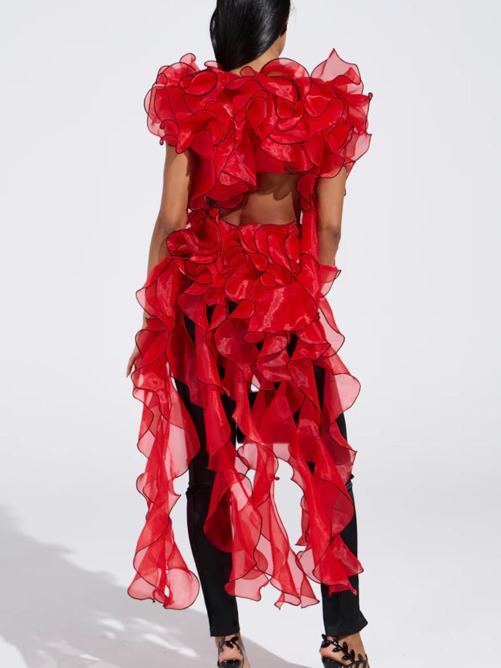 Akira LOVER RUFFLE BLOUSE Dramatic Red Ruffle Organza Tunic Size L Large Dress - Picture 4 of 5